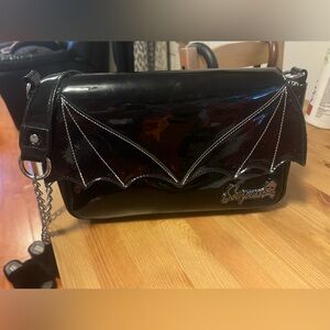 SOURPUSS Black Vinyl Batwing Purse Bag Handbag Spider Web Inside